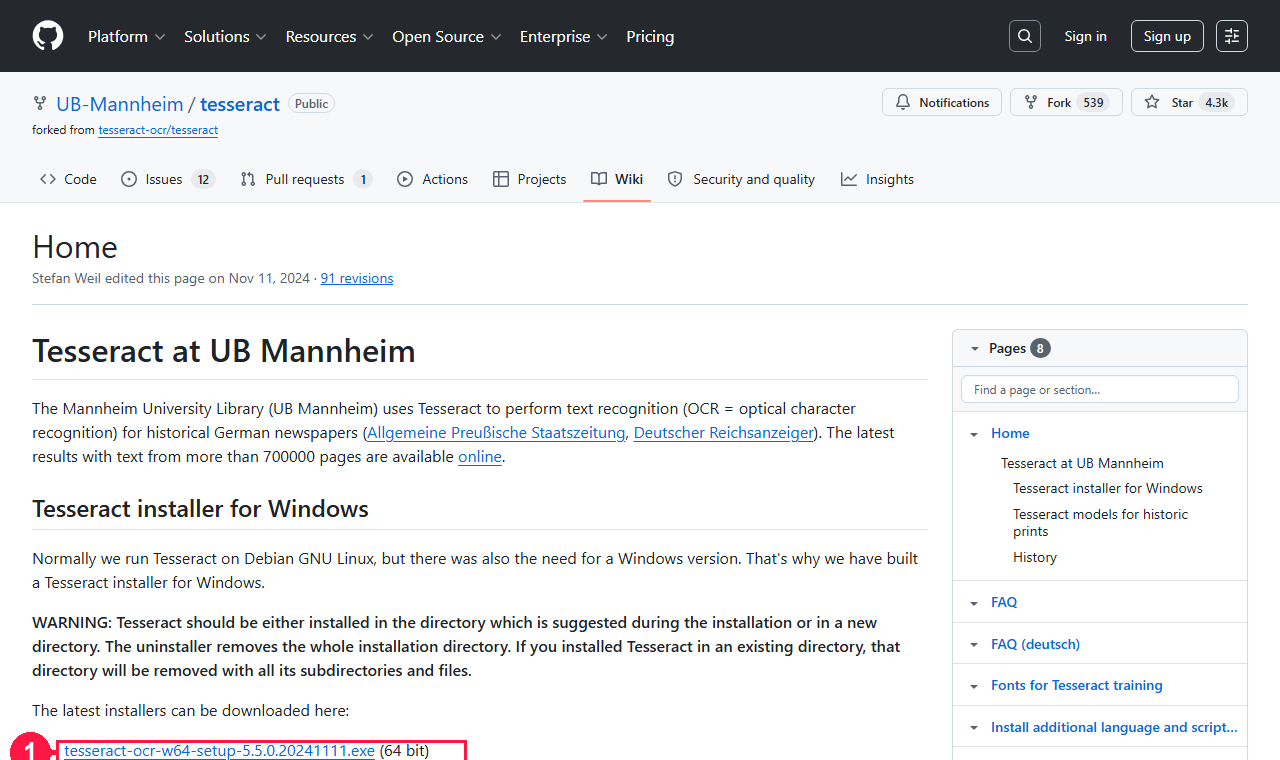 Tesseract installer page with the Windows 64-bit download highlighted