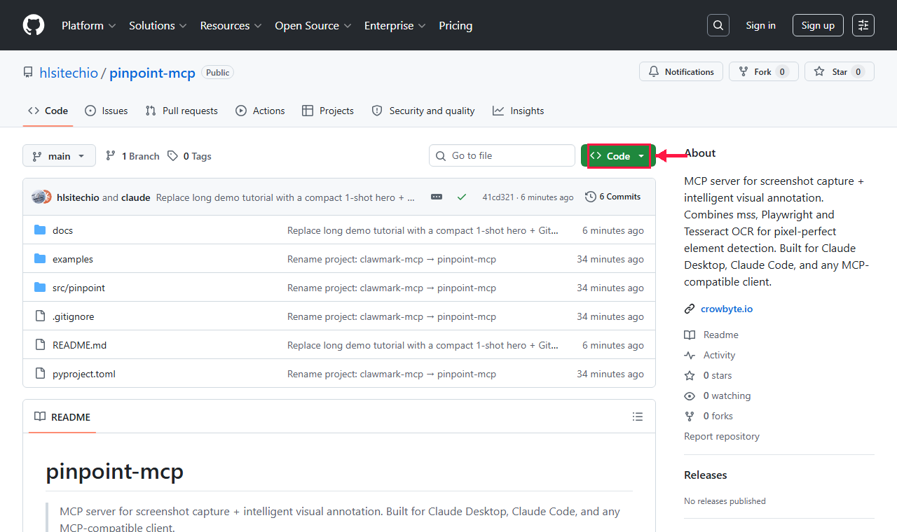 pinpoint-mcp GitHub repository page with the green Code button highlighted