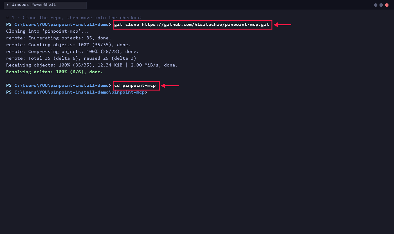 PowerShell cloning the pinpoint-mcp repository